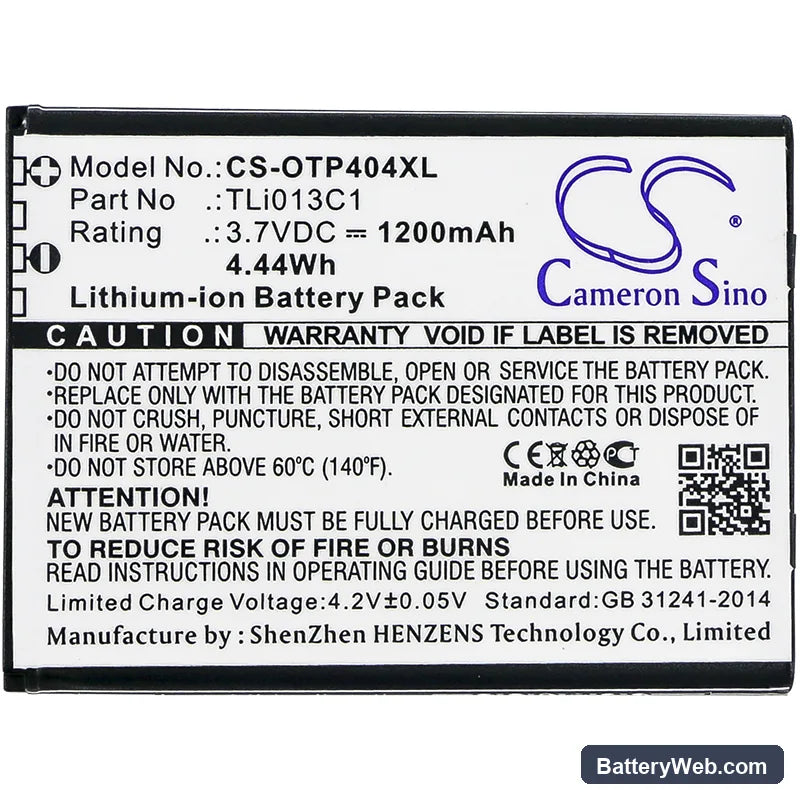 Alcatel One Touch Go Flip Replacement Battery, 3.7V, 1200mAh, Li-ion 3