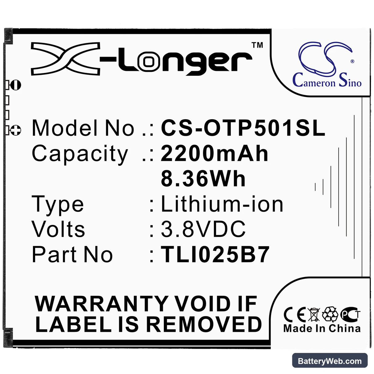 Alcatel A3 Plus Replacement Battery, 3.8V, 2200mAh, Li-ion 3