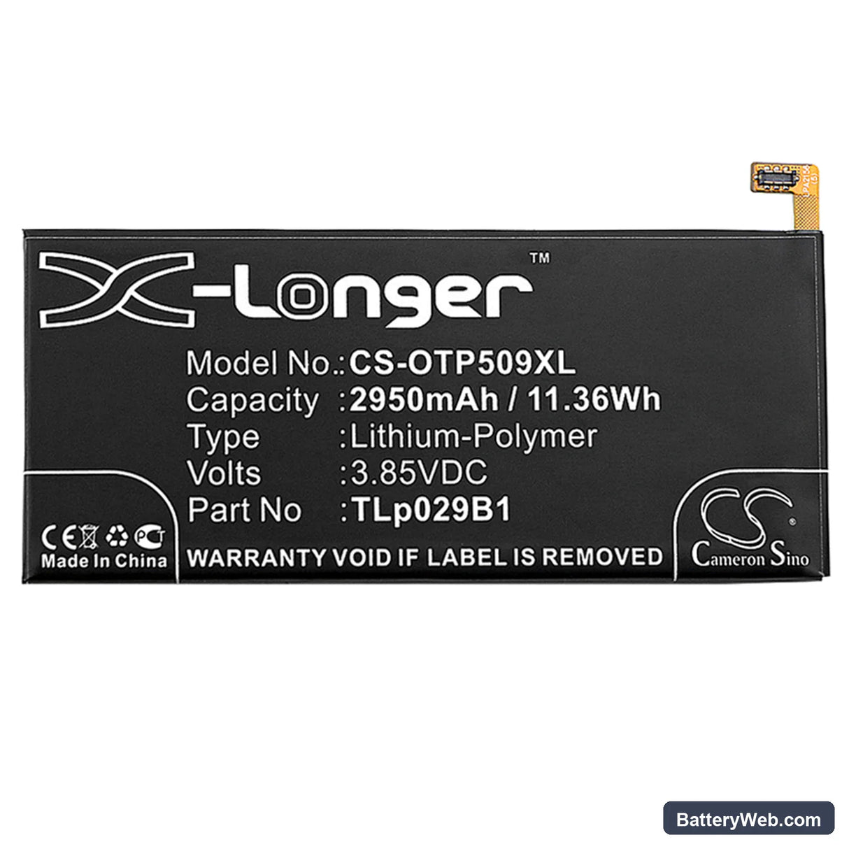 Alcatel Touch Pop 4S Replacement Battery, 3.85V, 2950mAh, Li-Polymer 3