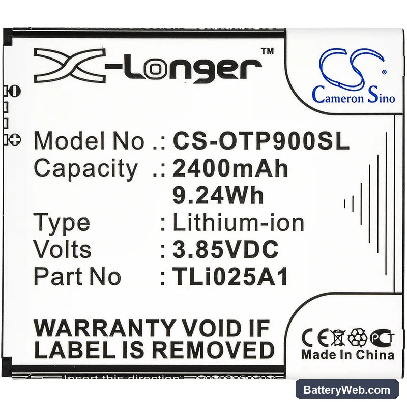 Alcatel One Touch Pixi 4 6" Replacement Battery, 3.85V, 2400mAh, Li-ion 3