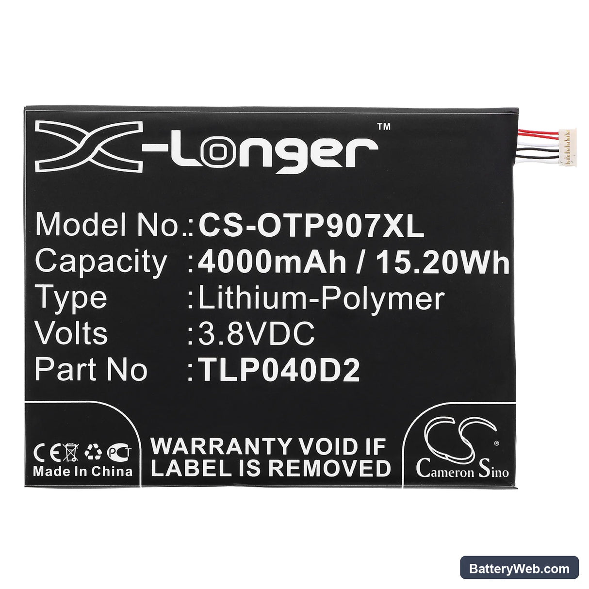 Alcatel One Touch Pixi 3 7 Replacement Battery, 3.8V, 4000mAh, Li-Polymer 3