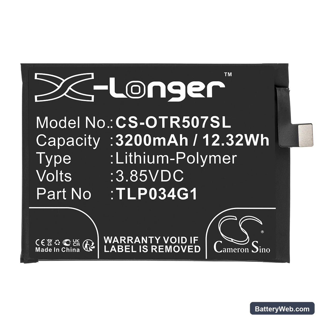 Alcatel OT-5007S Replacement Battery, 3.85V, 3200mAh, Li-Polymer 3
