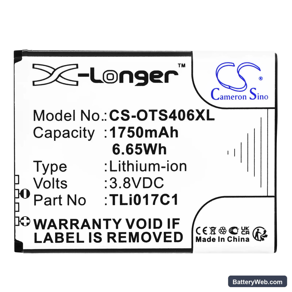 TCL VZW-TCL-4056 Replacement Battery, 3.8V, 1750mAh, Li-ion 3