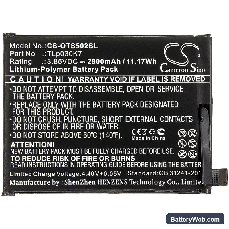 Alcatel 1S Replacement Battery, 3.85V, 2900mAh, Li-Polymer 3