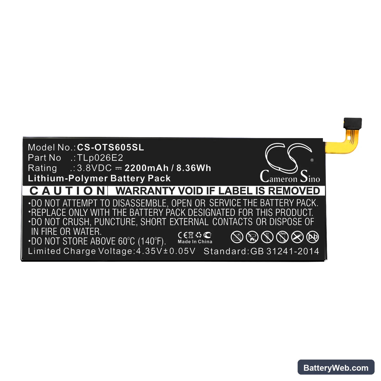 Alcatel One Touch Idol 4 Replacement Battery, 3.8V, 2200mAh, Li-Polymer 3