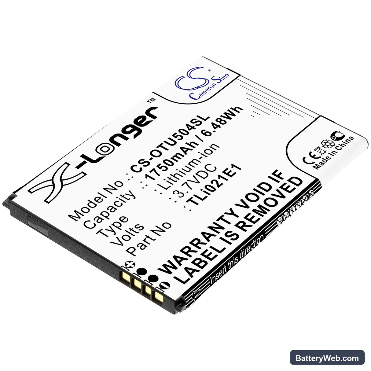 Alcatel OT-5047U Replacement Battery, 3.7V, 1750mAh, Li-ion 1