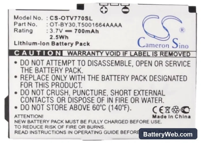 Alcatel OT-V770 Replacement Battery, 3.7V, 700mAh, Li-ion 5
