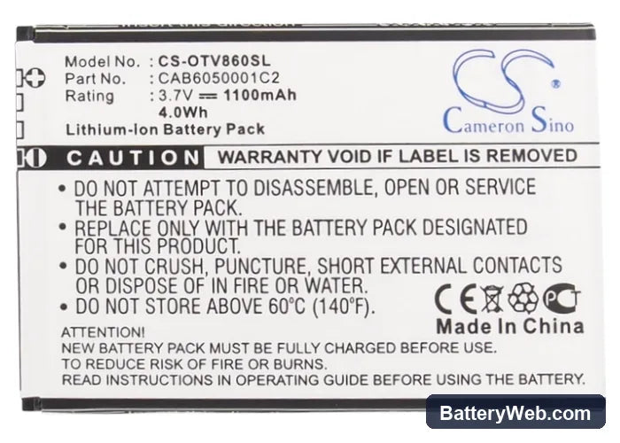 Vodafone Smart II Replacement Battery, 3.7V, 1100mAh, Li-ion 5