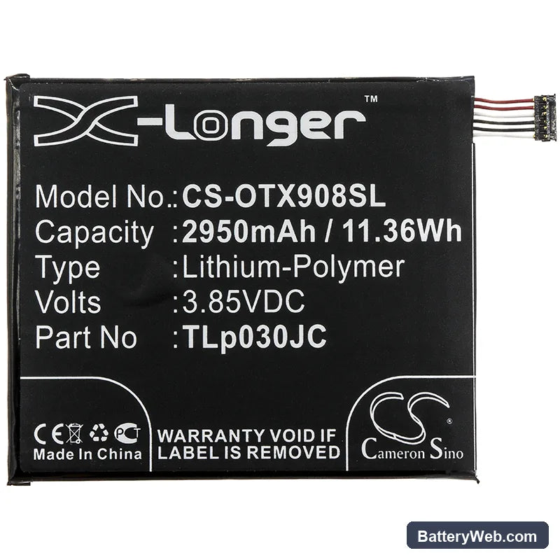 Alcatel TIM XL 2018 Replacement Battery, 3.85V, 2950mAh, Li-Polymer 3