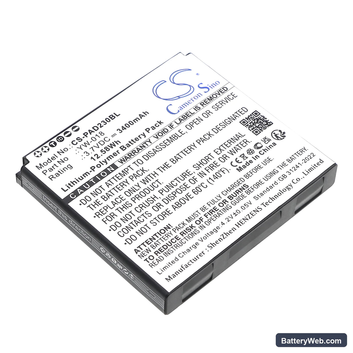 Pax D230 Replacement Battery, 3.7V, 3400mAh, Li-Polymer 1