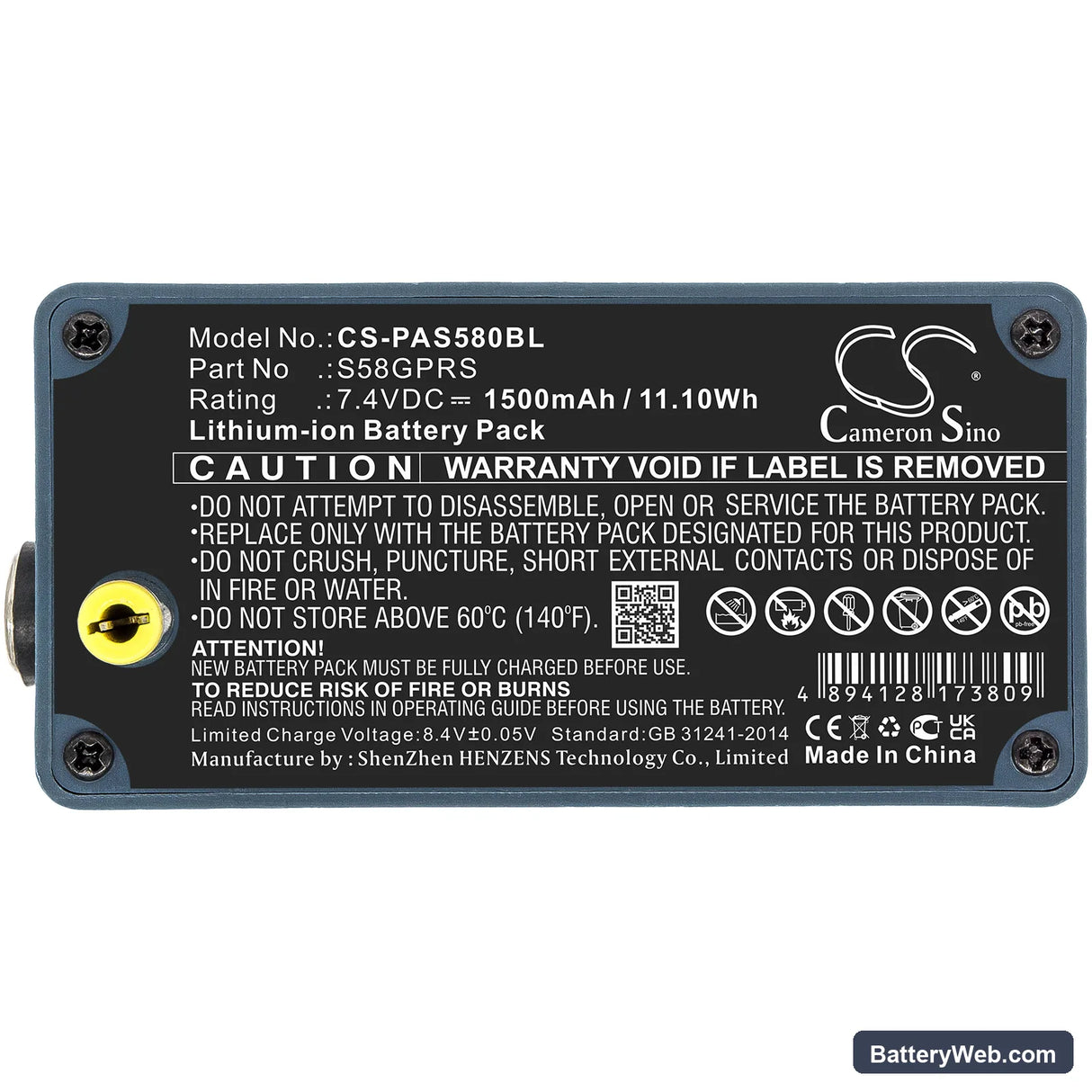 Pax S58 Replacement Battery, 7.4V, 1500mAh, Li-ion 3