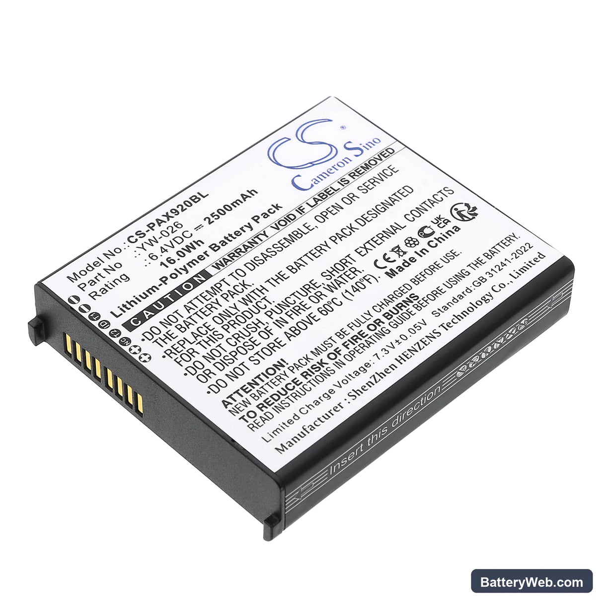 Pax A920 MAX Replacement Battery, 6.4V, 2500mAh, Li-Polymer 1