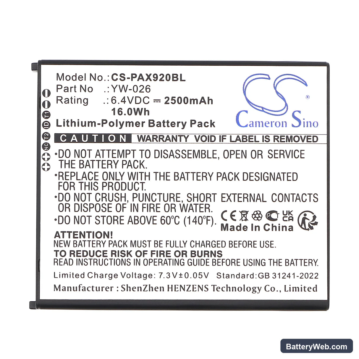 Pax A920 MAX Replacement Battery, 6.4V, 2500mAh, Li-Polymer 3