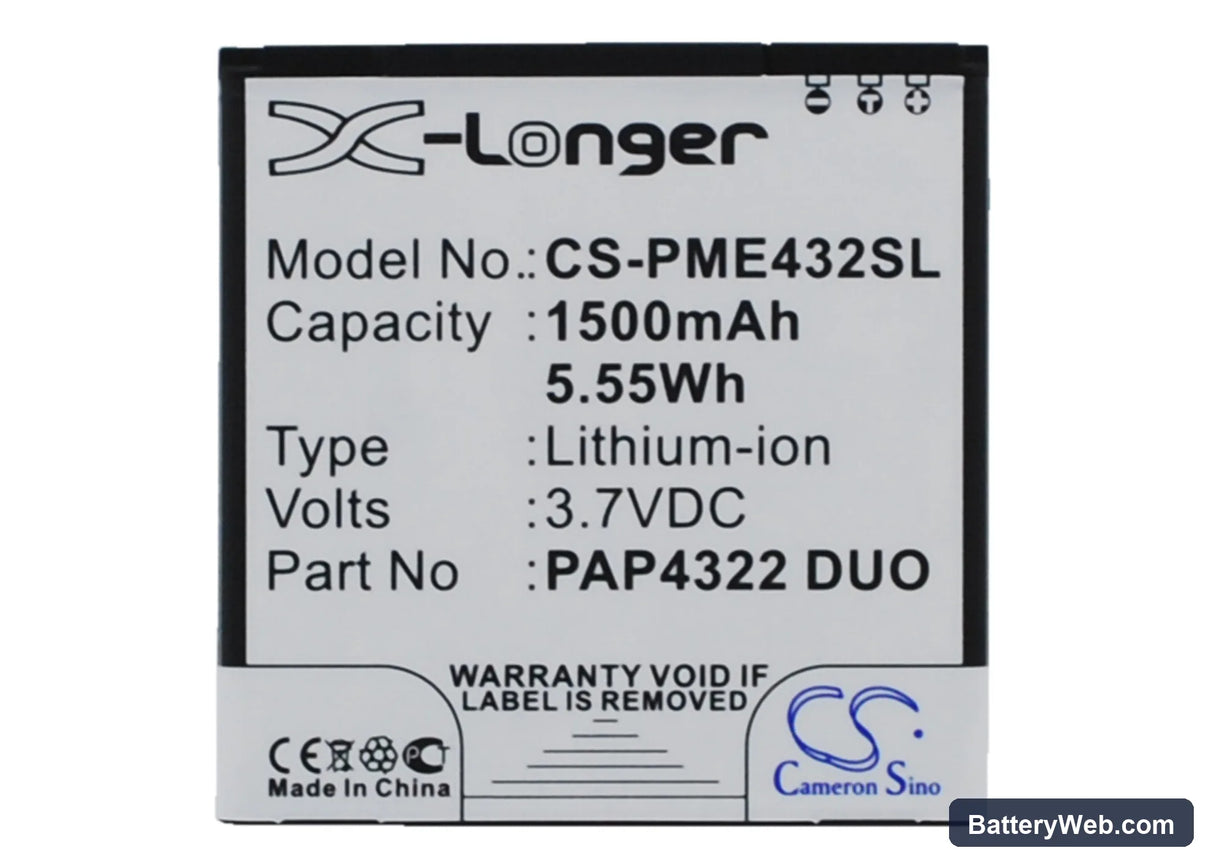 Prestigio MultiPhone 4322 Duo Replacement Battery, 3.7V, 1500mAh, Li-ion 1