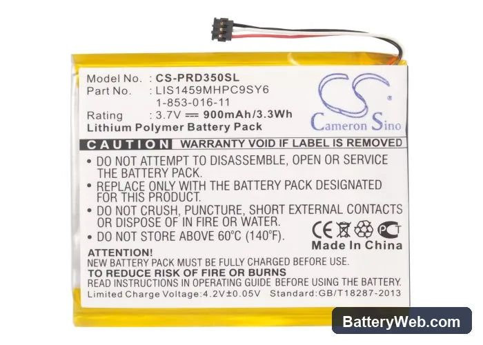 Sony PRS-350 Replacement Battery, 3.7V, 900mAh, Li-Polymer 5