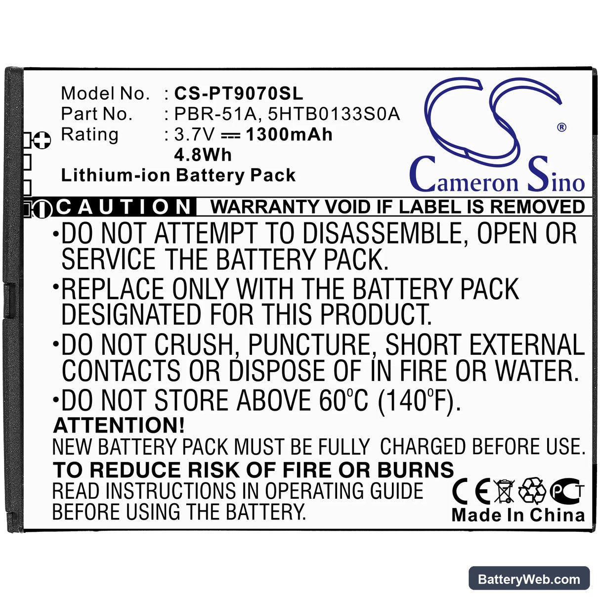 Pantech Burst Replacement Battery, 3.7V, 1300mAh, Li-ion 3