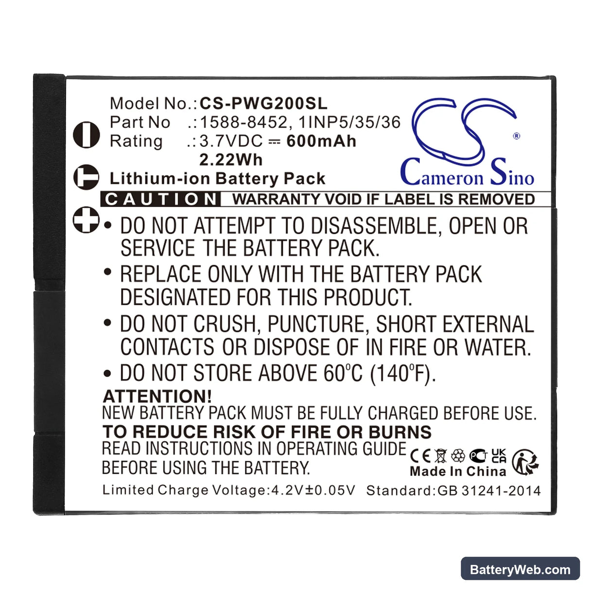 Panasonic RP-WFG20 Replacement Battery, 3.7V, 600mAh, Li-ion 3