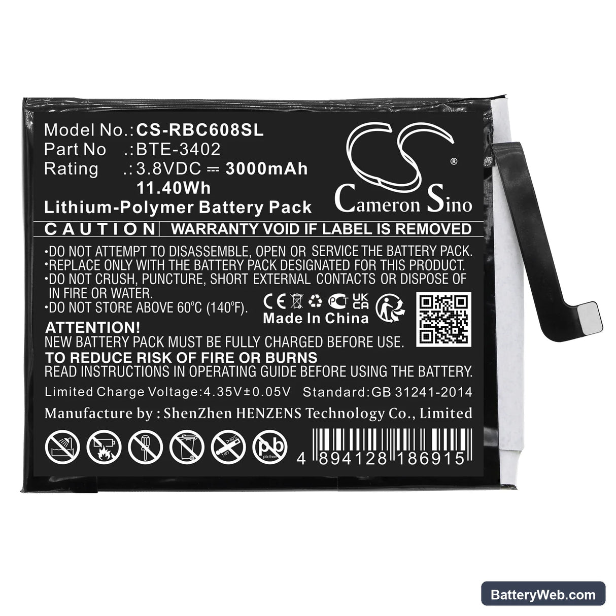 Orbic JOY Replacement Battery, 3.8V, 3000mAh, Li-Polymer 3
