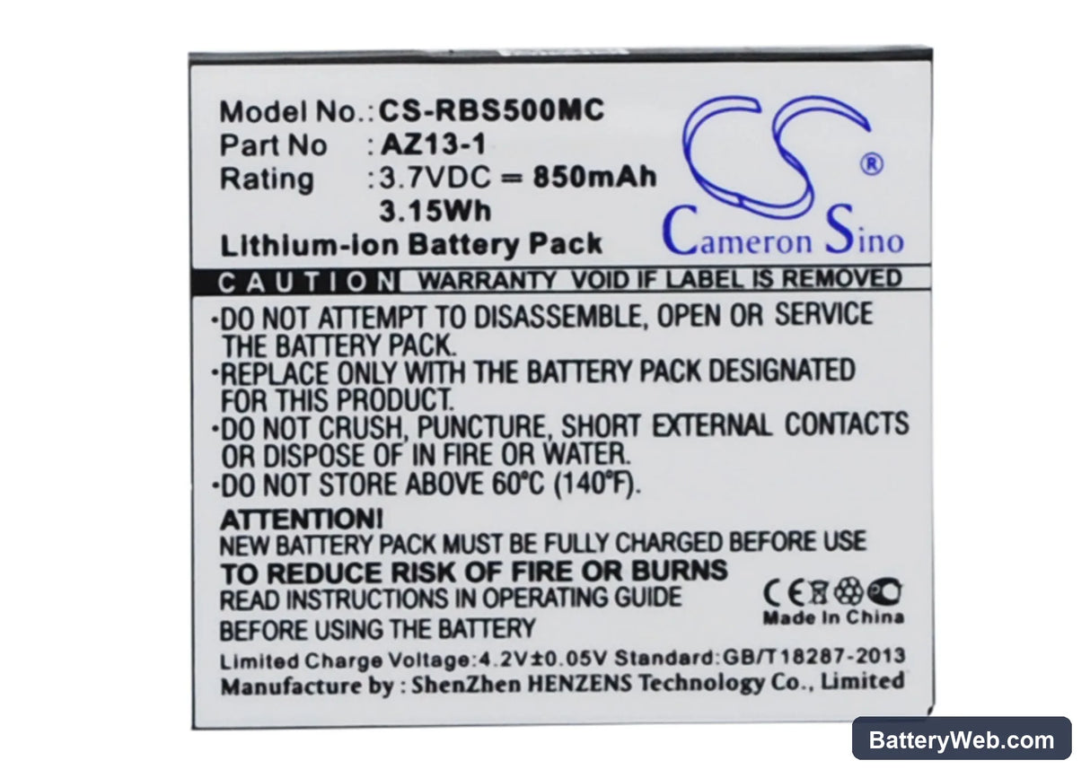 Xiaomi Yi AZ13H Replacement Battery, 3.7V, 850mAh, Li-ion 1