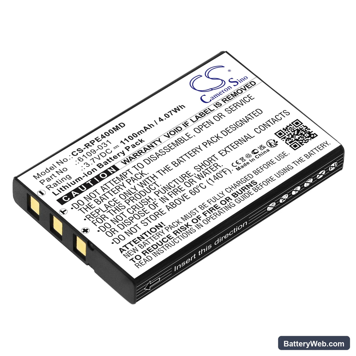 Rainin E4 pipette Replacement Battery, 3.7V, 1100mAh, Li-ion 1