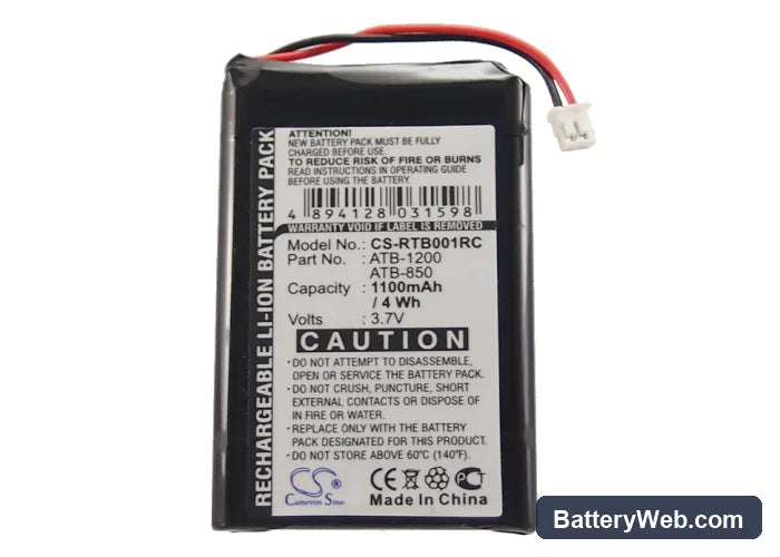 RTI T2B Replacement Battery, 3.7V, 1100mAh, Li-ion 5