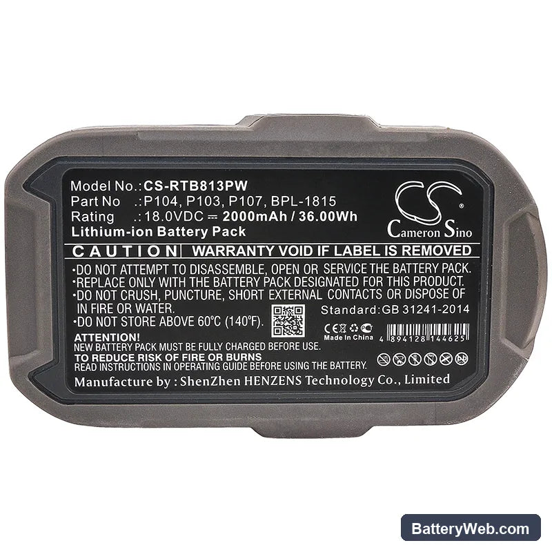 Ryobi ZRP813 Replacement Battery, 18V, 2000mAh, Li-ion 5
