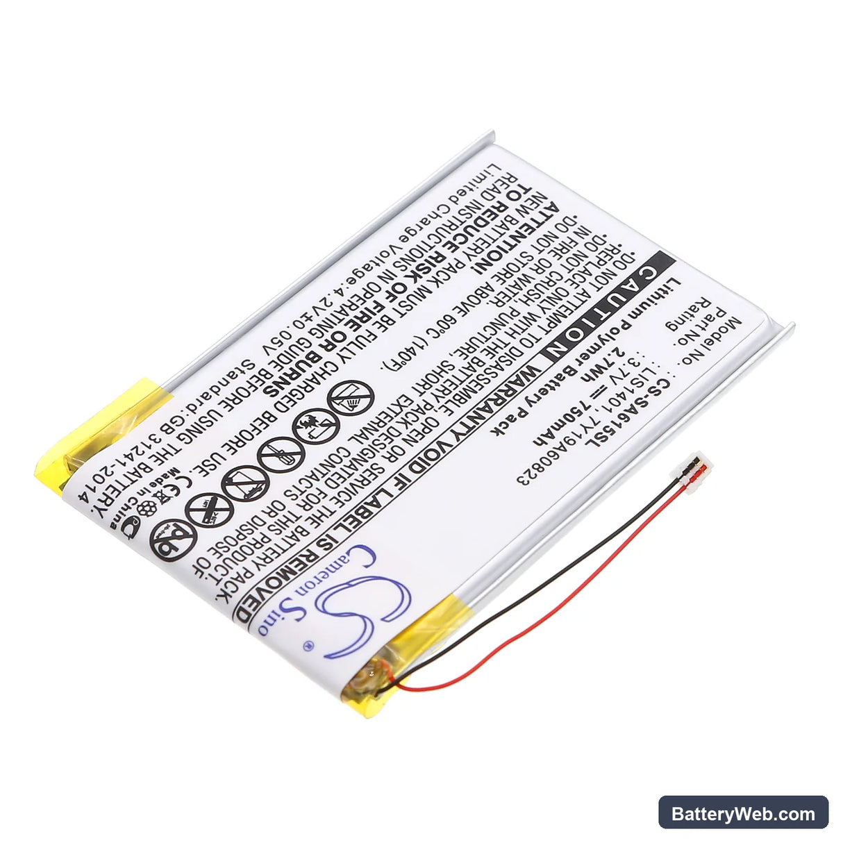 Sony NWZ-S600 Replacement Battery, 3.7V, 750mAh, Li-Polymer 2