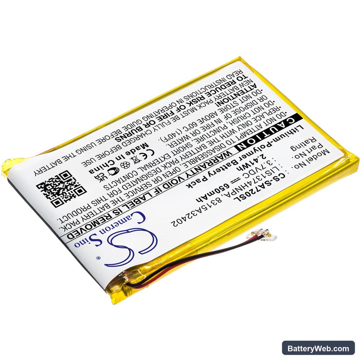 Sony NWZ-A720 Replacement Battery, 3.7V, 650mAh, Li-Polymer 2