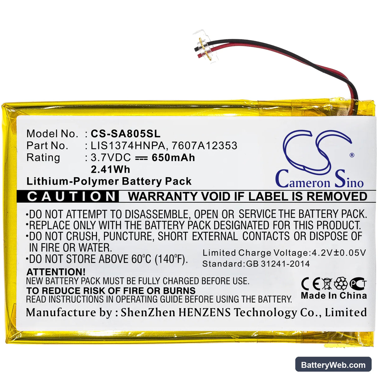 Sony NWZ-A801 Replacement Battery, 3.7V, 650mAh, Li-Polymer 3
