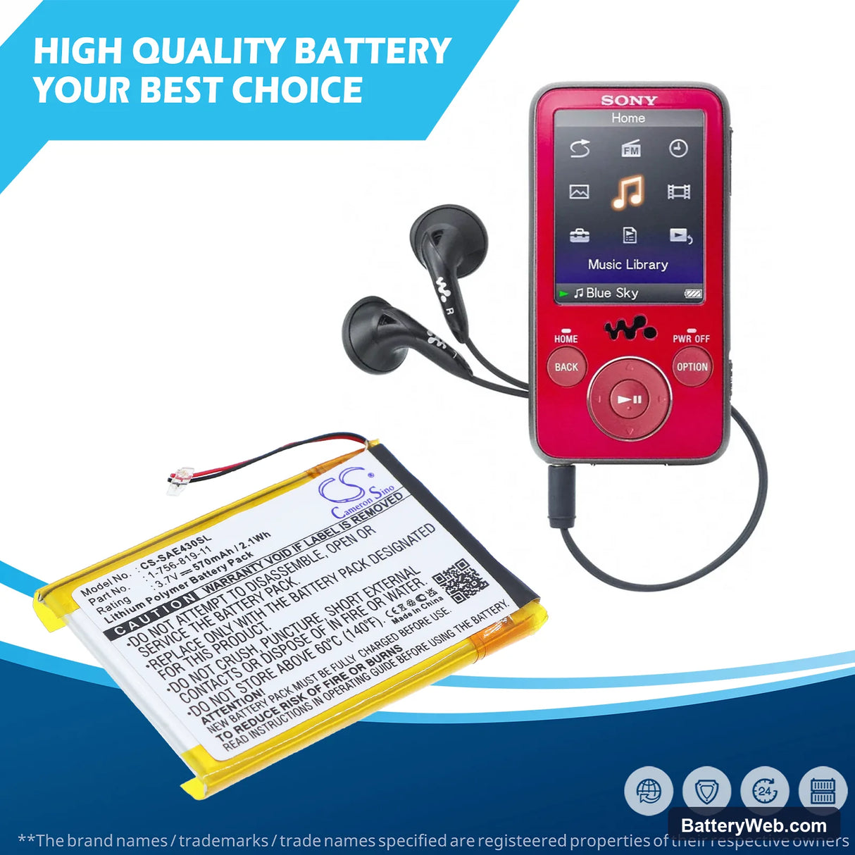 Sony NW-E435 Replacement Battery, 3.7V, 570mAh, Li-Polymer 6