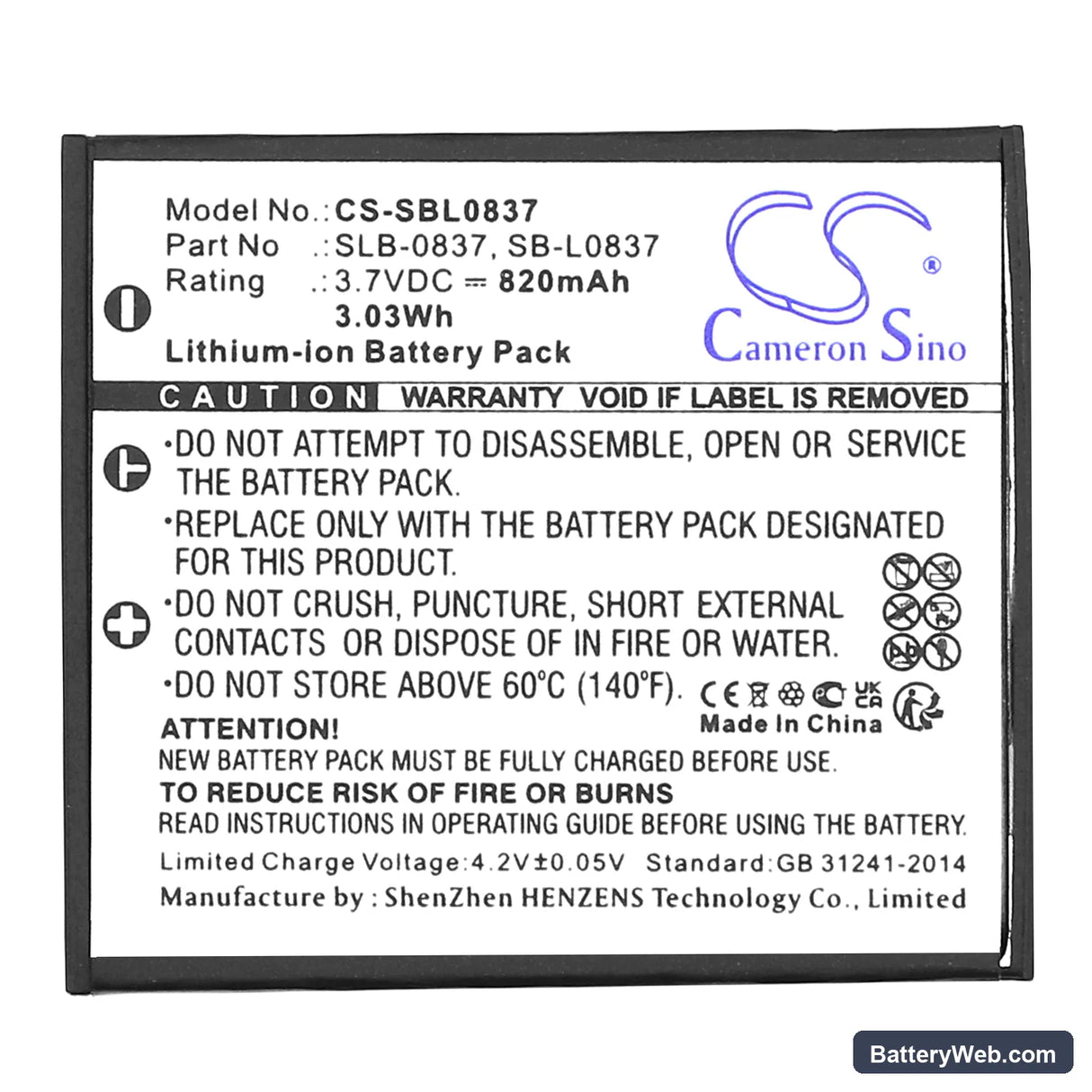 Samsung Digimax i6 PMP Replacement Battery, 3.7V, 820mAh, Li-ion 3