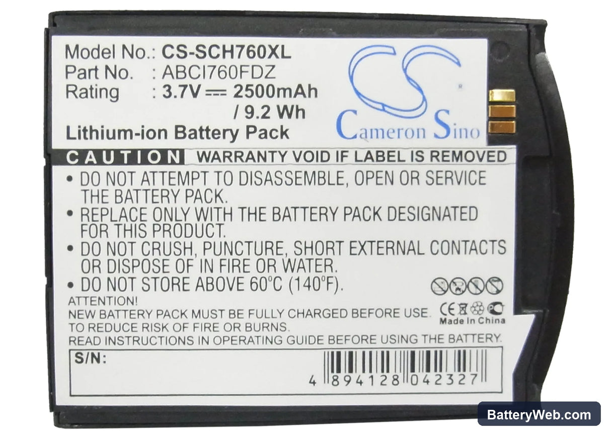 Verizon SCH-I760 Replacement Battery, 3.7V, 2500mAh, Li-ion 5