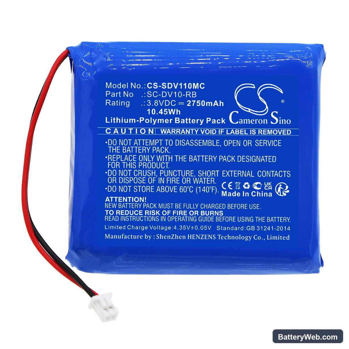 PatrolEyes SC-DV10 Replacement Battery, 3.8V, 2750mAh, Li-Polymer 3