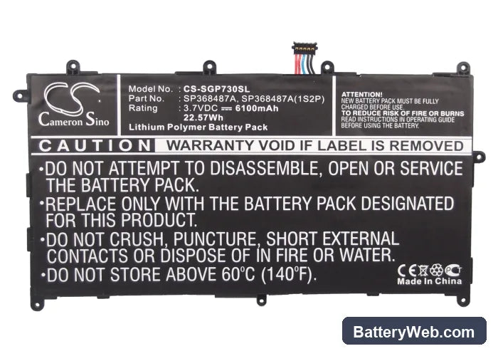 Samsung Galaxy Tab 8.9 Replacement Battery, 3.7V, 6100mAh, Li-Polymer 6