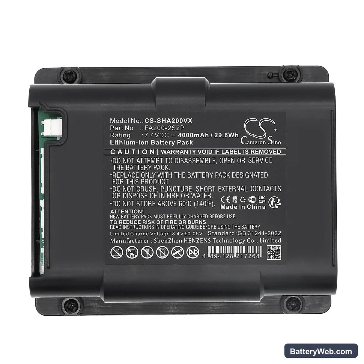Shark FA200 Replacement Battery, 7.4V, 4000mAh, Li-ion 7