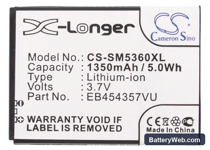 Samsung GT-S5360 Replacement Battery, 3.7V, 1350mAh, Li-ion 5