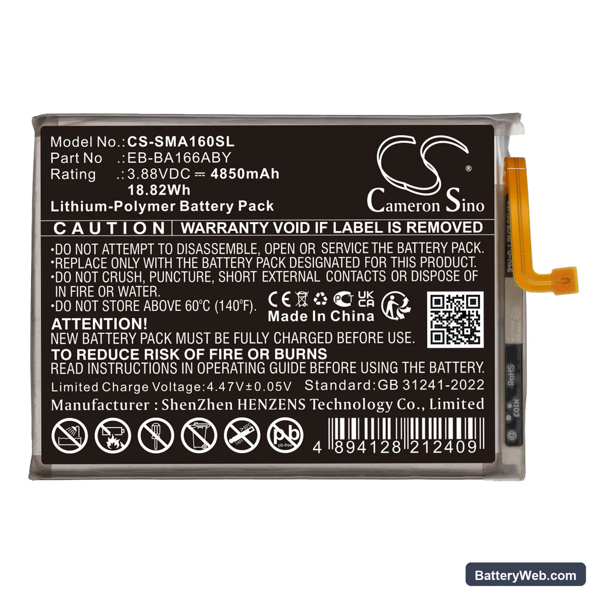 Samsung Galaxy A16 5G Replacement Battery, 3.88V, 4850mAh, Li-Polymer 3