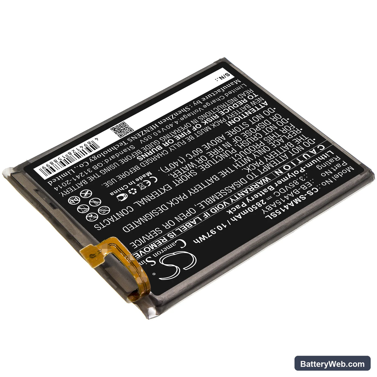 Samsung Galaxy A41 2020 Replacement Battery, 3.85V, 2850mAh, Li-Polymer 2