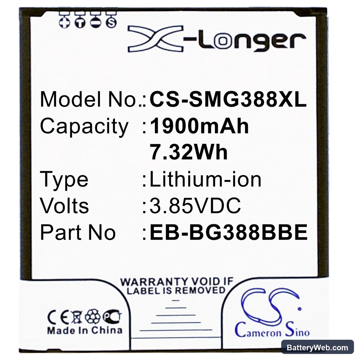 Samsung Galaxy Xcover 3 Replacement Battery, 3.85V, 1900mAh, Li-ion 3
