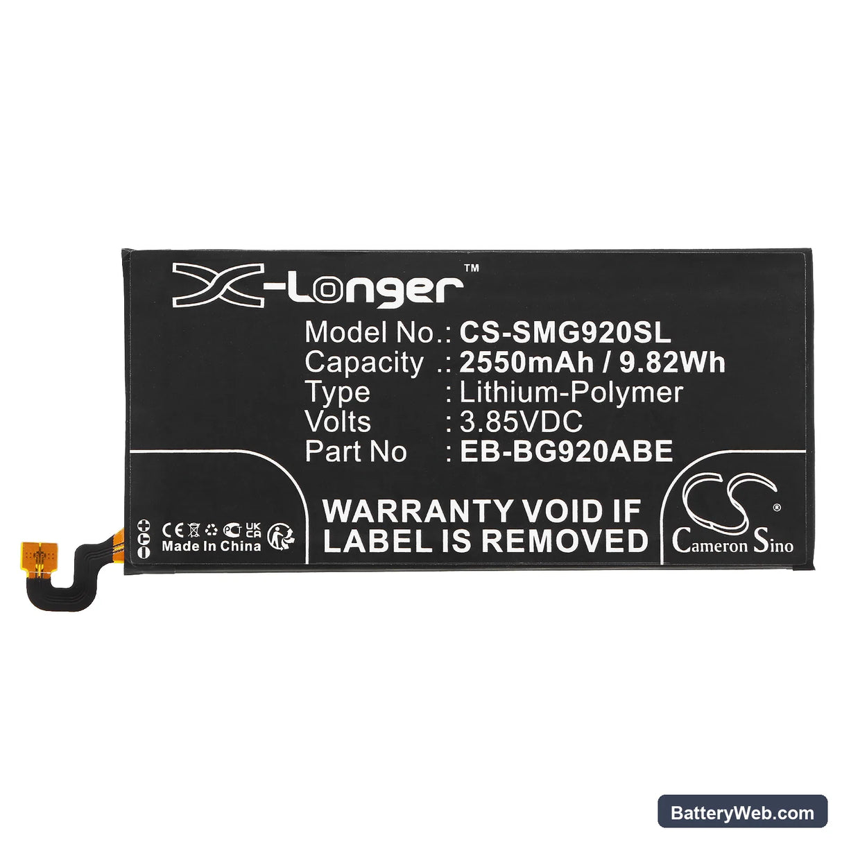 Samsung Galaxy S6 Replacement Battery, 3.85V, 2550mAh, Li-Polymer 3