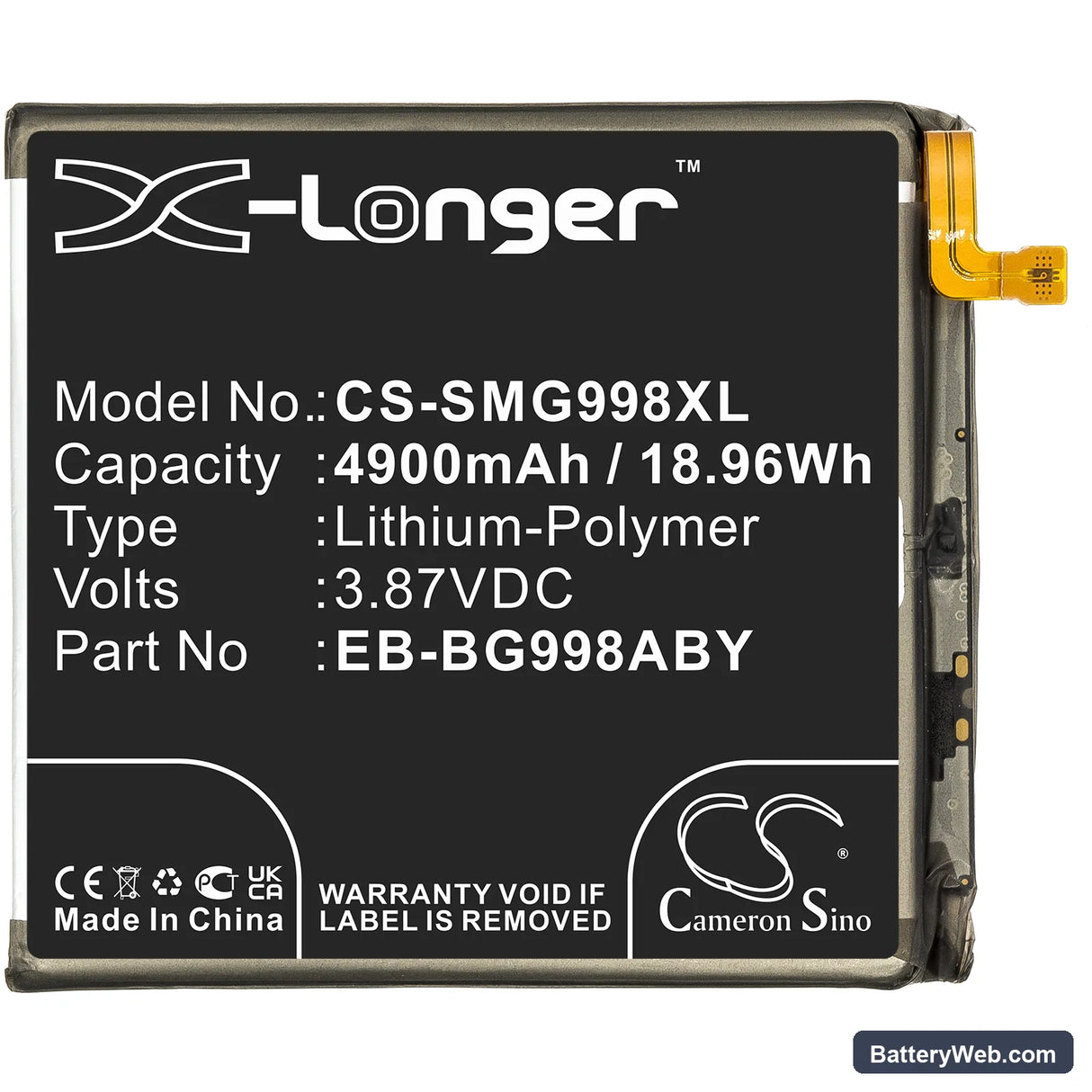 Samsung Galaxy S21 Ultra Replacement Battery, 3.87V, 4900mAh, Li-Polymer 3