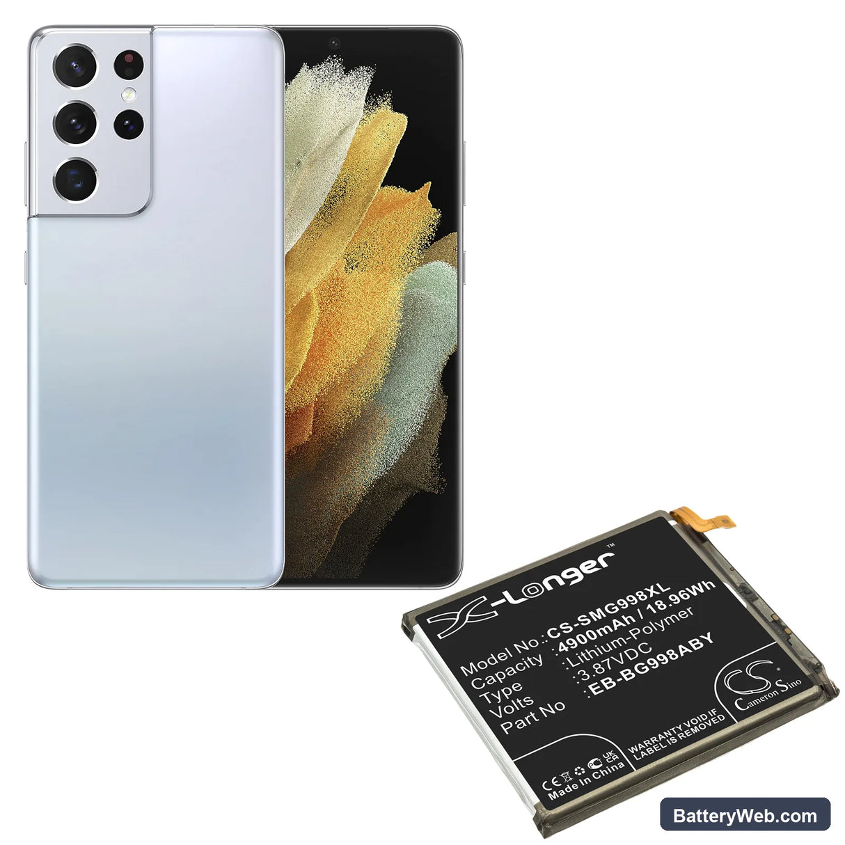 Samsung Galaxy S21 Ultra Replacement Battery, 3.87V, 4900mAh, Li-Polymer 5