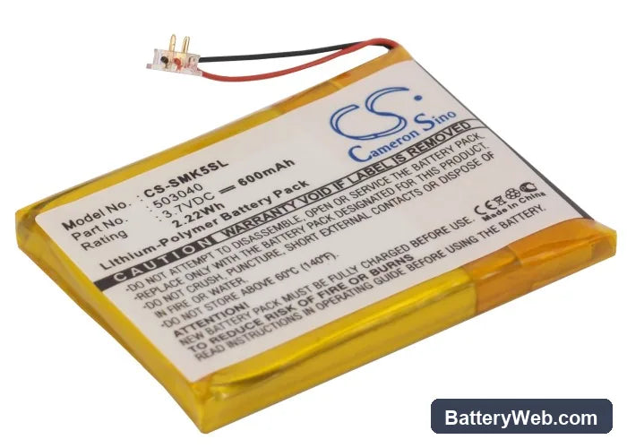 Samsung YP-K5 Replacement Battery, 3.7V, 600mAh, Li-Polymer 1
