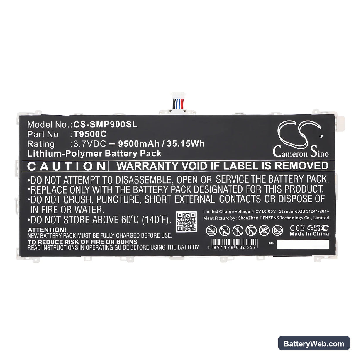 Samsung Galaxy Note 12.2 Replacement Battery, 3.7V, 9500mAh, Li-Polymer 3