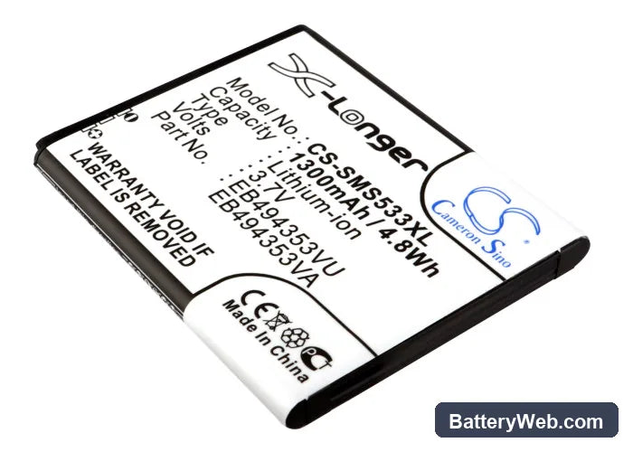 Samsung GT-S5570 Replacement Battery, 3.7V, 1300mAh, Li-ion 1
