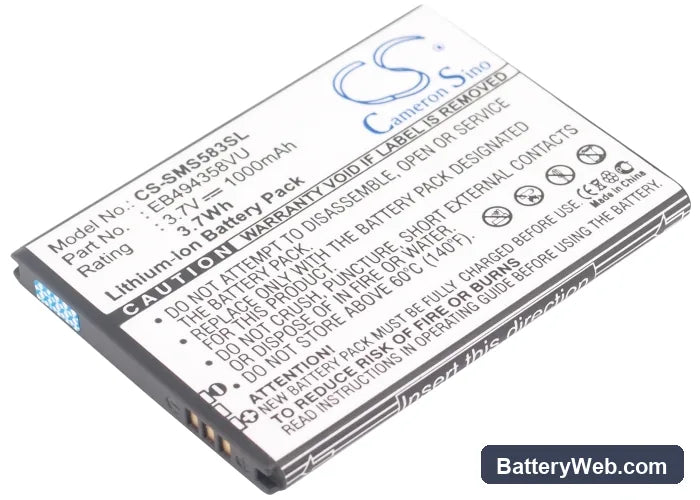 Samsung GT-S5830 Replacement Battery, 3.7V, 1000mAh, Li-ion 1