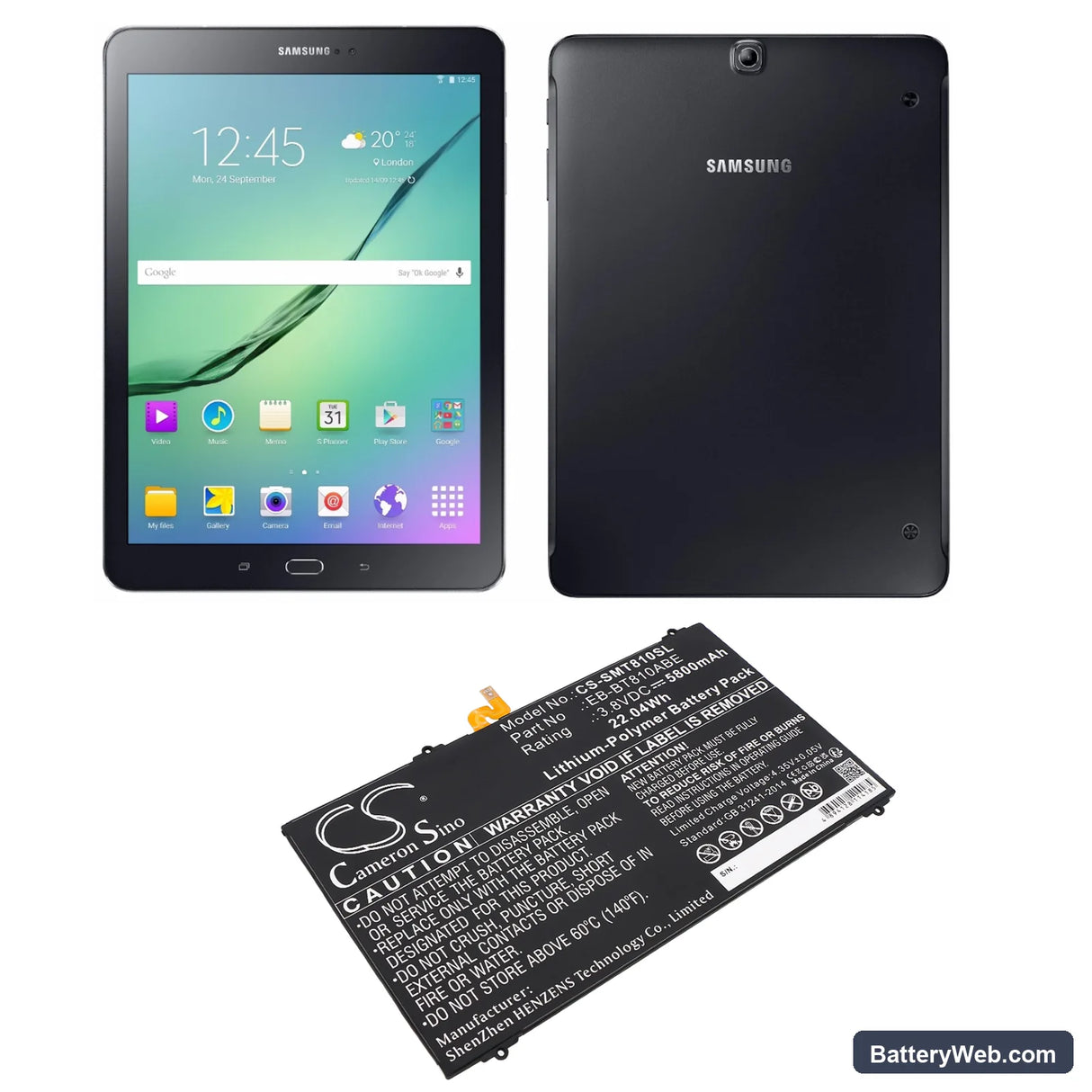Samsung SM-T810 Galaxy Tab S2 9.7 WiFi Replacement Battery, 3.8V, 5800mAh, Li-Polymer 5
