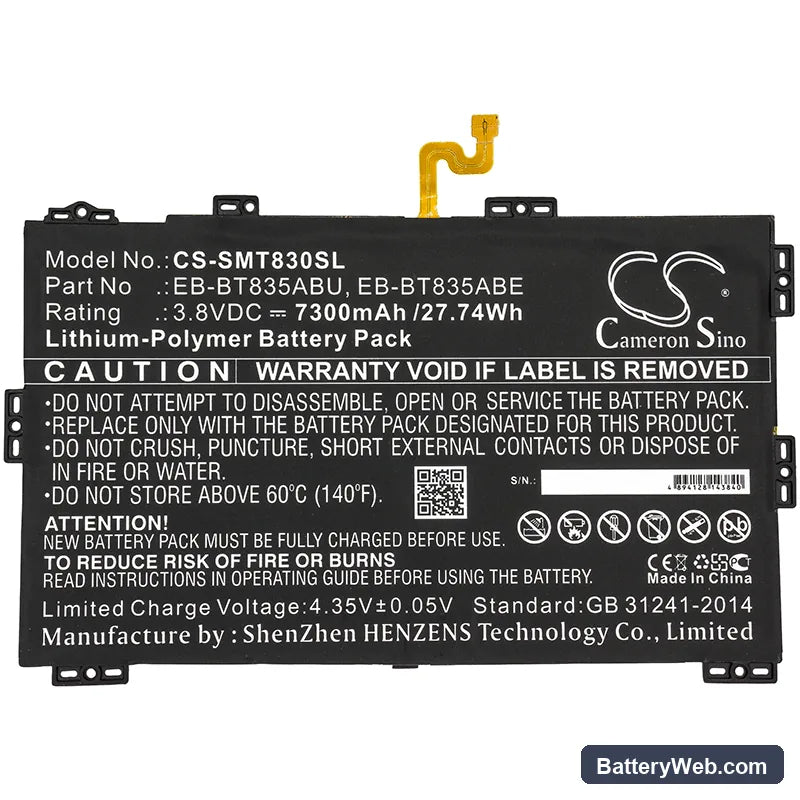 Samsung SM-T830 Replacement Battery, 3.8V, 7300mAh, Li-Polymer 3