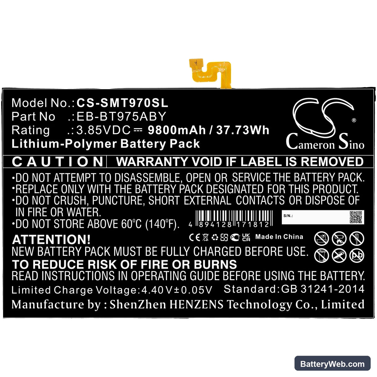 Samsung Galaxy Tab S7 Plus 12.4 Replacement Battery, 3.85V, 9800mAh, Li-Polymer 3