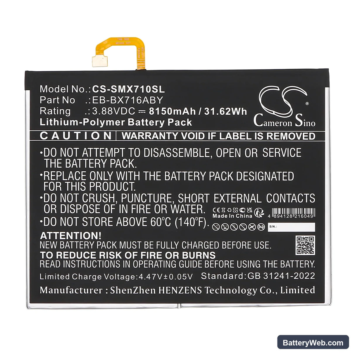 Samsung Galaxy Tab S9 Replacement Battery, 3.88V, 8150mAh, Li-Polymer 3